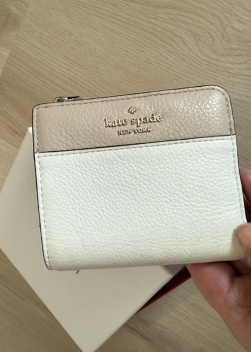 Kate Spade Colorblock Cream and Tan Pebble Leather Compact Wallet